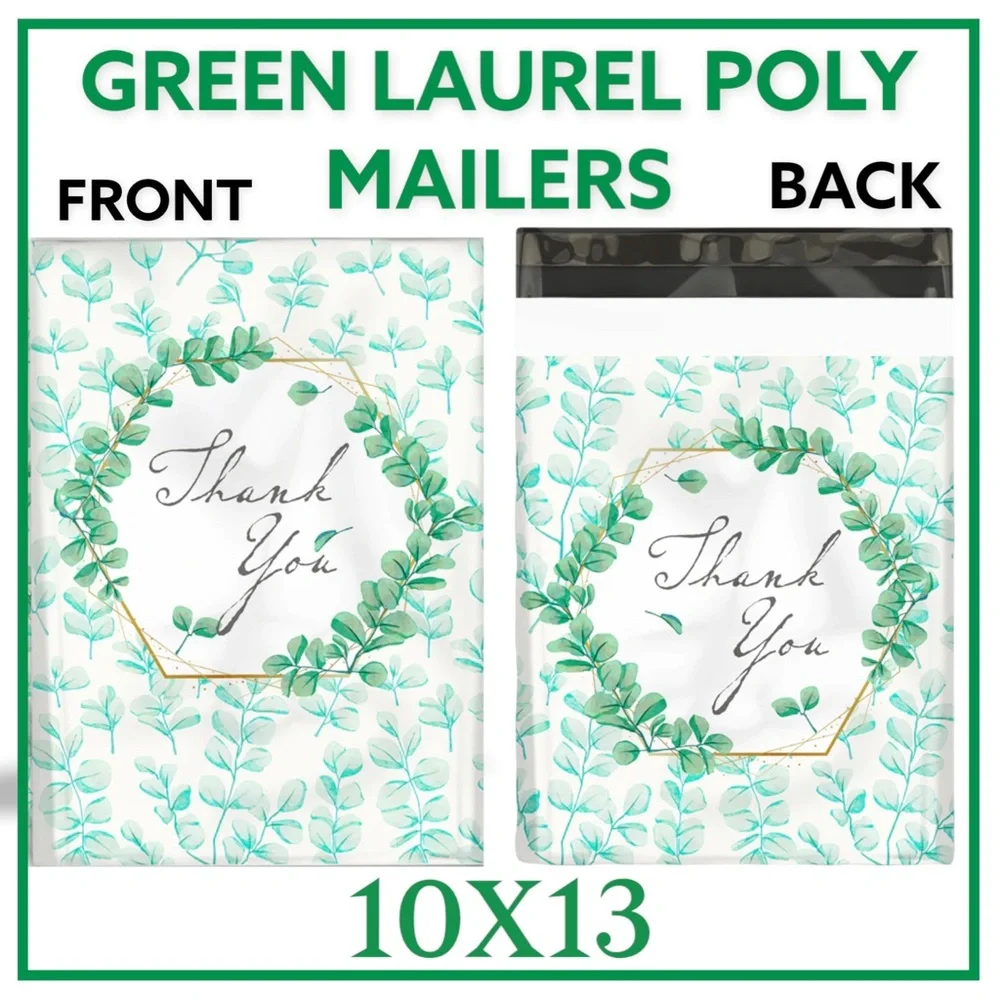 25 10X13 Poly Mailers Green Laurel Thank You Flat Shipping Envelopes